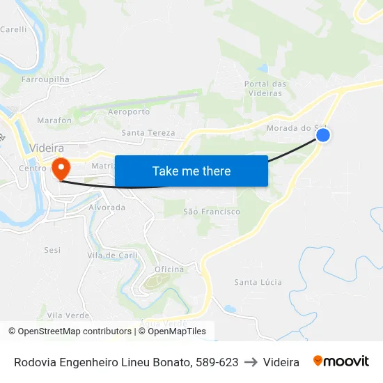 Rodovia Engenheiro Lineu Bonato, 589-623 to Videira map