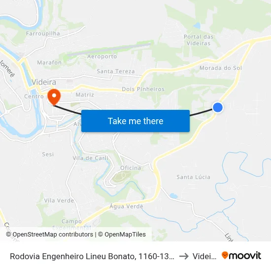 Rodovia Engenheiro Lineu Bonato, 1160-1310 to Videira map