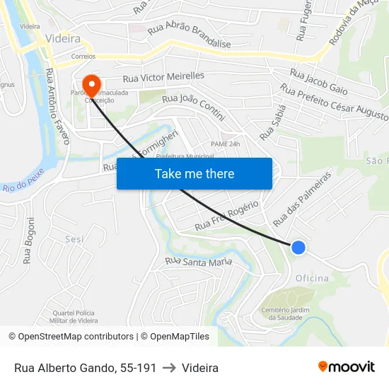 Rua Alberto Gando, 55-191 to Videira map