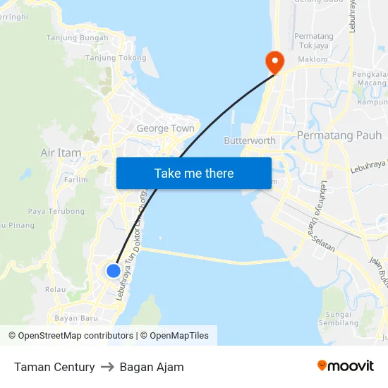 Taman Century to Bagan Ajam map