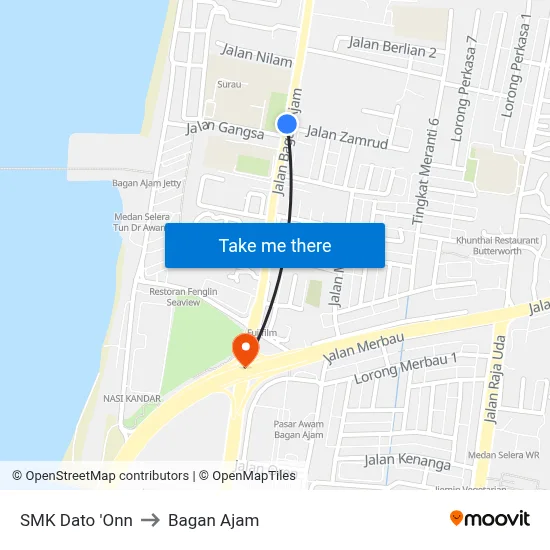 SMK Dato 'Onn to Bagan Ajam map