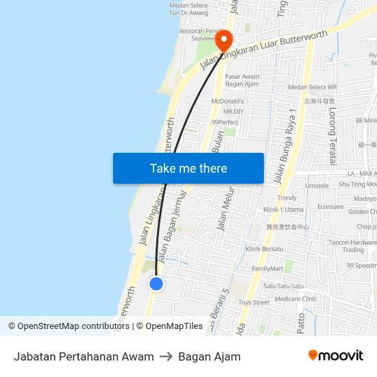 Jabatan Pertahanan Awam to Bagan Ajam map