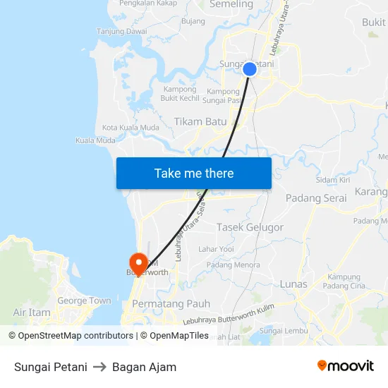 Sungai Petani to Bagan Ajam map