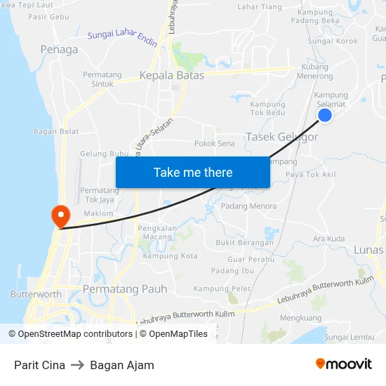 Parit Cina to Bagan Ajam map