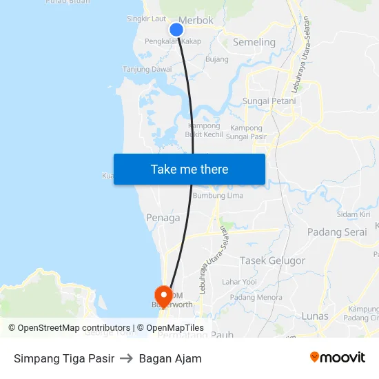 Simpang Tiga Pasir to Bagan Ajam map