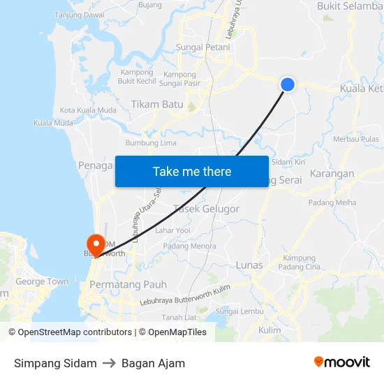 Simpang Sidam to Bagan Ajam map