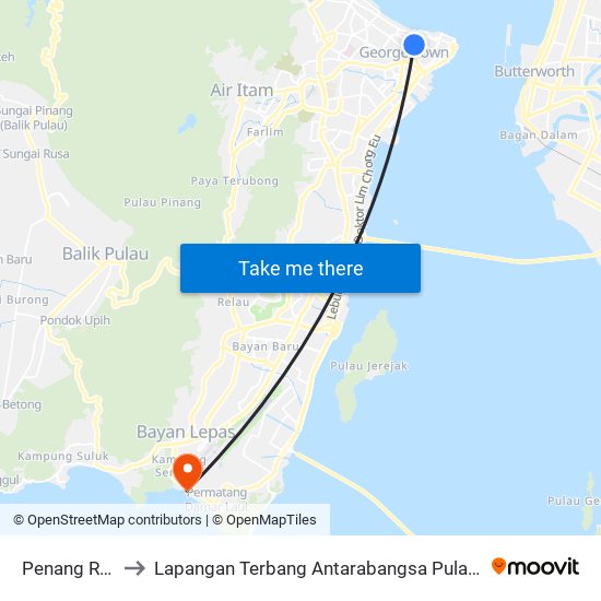 Penang Road to Lapangan Terbang Antarabangsa Pulau Pinang map