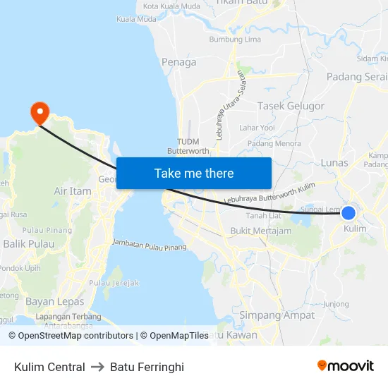 Kulim Central to Batu Ferringhi map