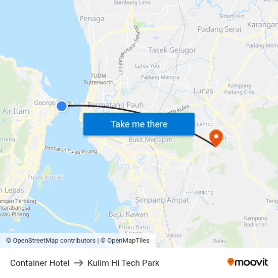 Container Hotel to Kulim Hi Tech Park map