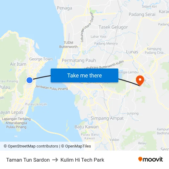 Taman Tun Sardon to Kulim Hi Tech Park map