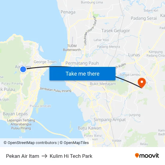 Pekan Air Itam to Kulim Hi Tech Park map
