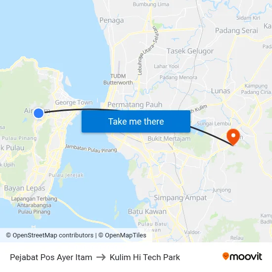 Pejabat Pos Ayer Itam to Kulim Hi Tech Park map