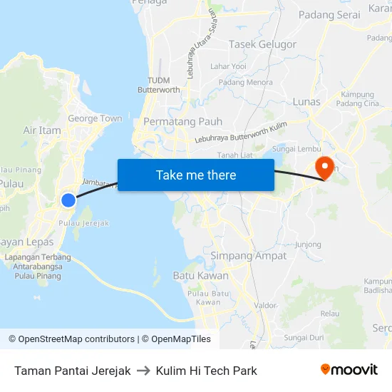 Taman Pantai Jerejak to Kulim Hi Tech Park map