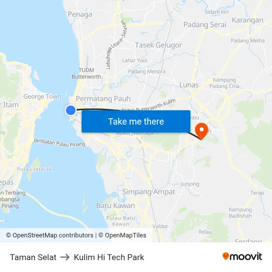 Taman Selat to Kulim Hi Tech Park map