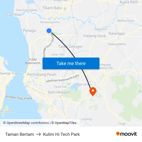 Taman Bertam to Kulim Hi Tech Park map