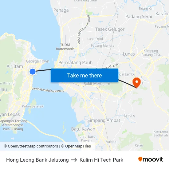 Hong Leong Bank Jelutong to Kulim Hi Tech Park map