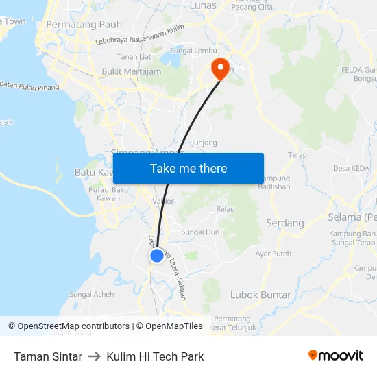 Taman Sintar to Kulim Hi Tech Park map