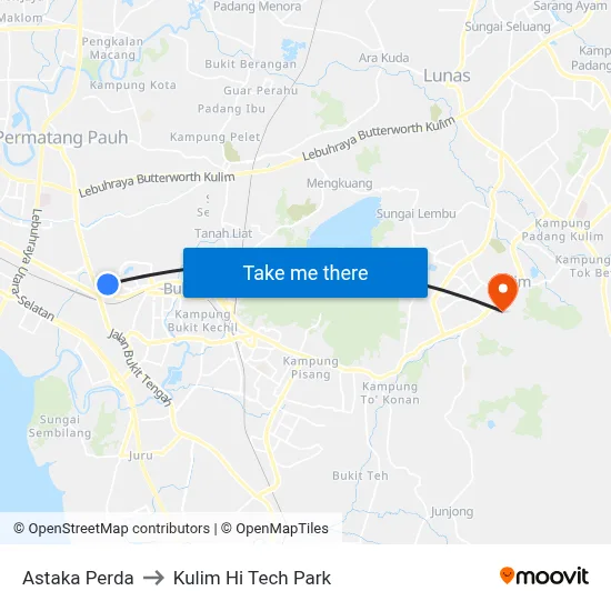 Astaka Perda to Kulim Hi Tech Park map