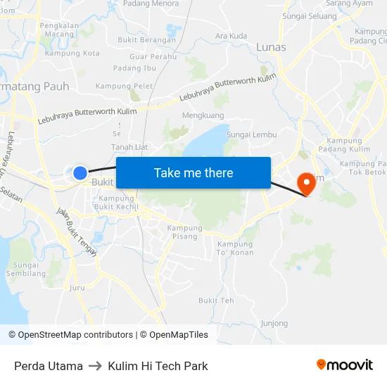 Perda Utama to Kulim Hi Tech Park map