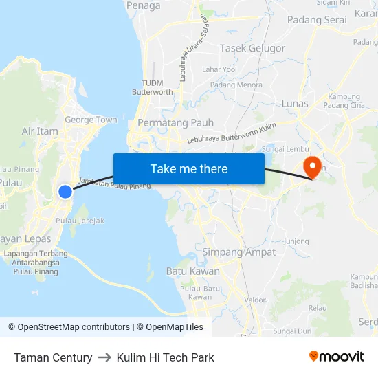 Taman Century to Kulim Hi Tech Park map
