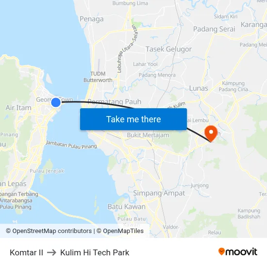 Komtar II to Kulim Hi Tech Park map