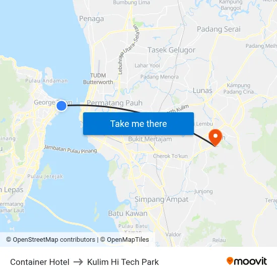 Container Hotel to Kulim Hi Tech Park map