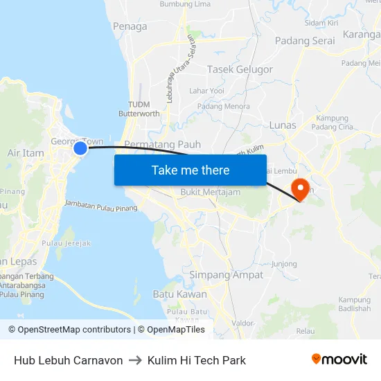 Hub Lebuh Carnavon to Kulim Hi Tech Park map