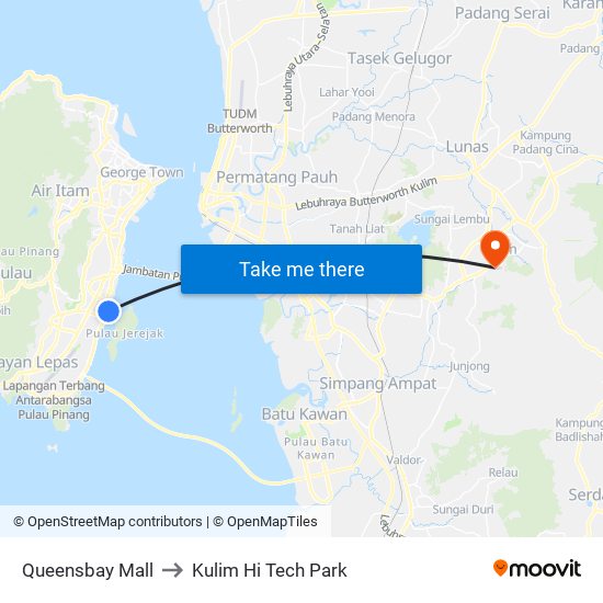 Queensbay Mall to Kulim Hi Tech Park map
