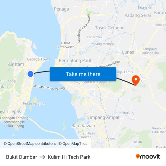 Bukit Dumbar to Kulim Hi Tech Park map