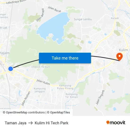 Taman Jaya to Kulim Hi Tech Park map
