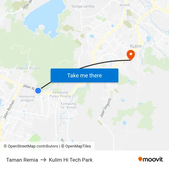 Taman Remia to Kulim Hi Tech Park map