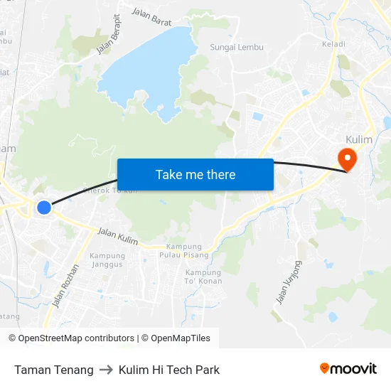 Taman Tenang to Kulim Hi Tech Park map