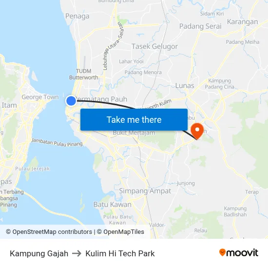 Kampung Gajah to Kulim Hi Tech Park map