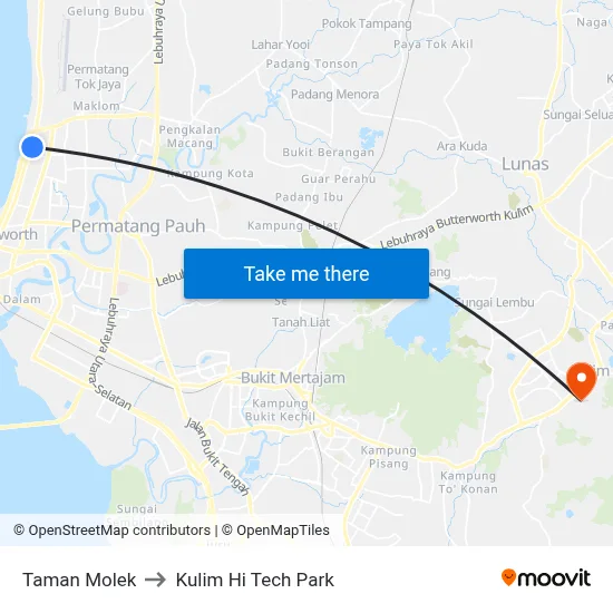 Taman Molek to Kulim Hi Tech Park map