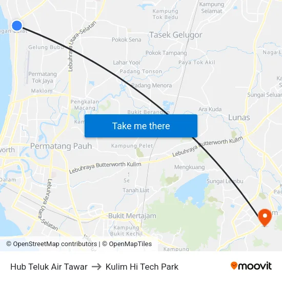 Hub Teluk Air Tawar to Kulim Hi Tech Park map