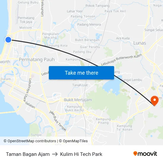 Taman Bagan Ajam to Kulim Hi Tech Park map