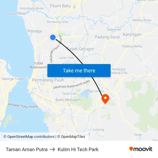 Taman Aman Putra to Kulim Hi Tech Park map