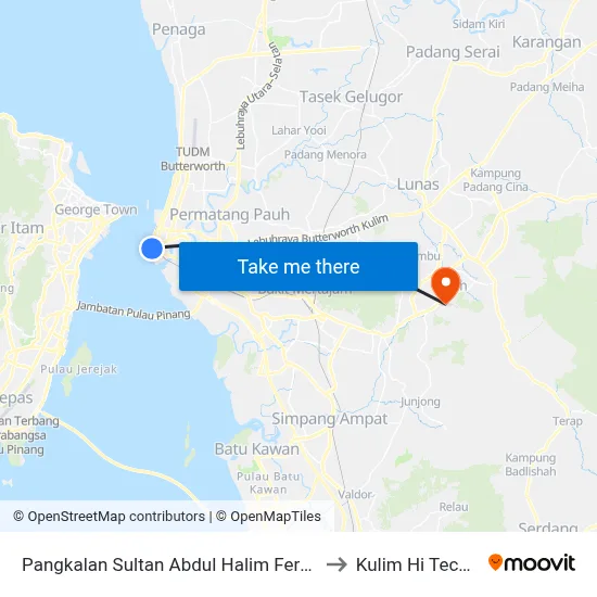 Pangkalan Sultan Abdul Halim Ferry Terminal to Kulim Hi Tech Park map