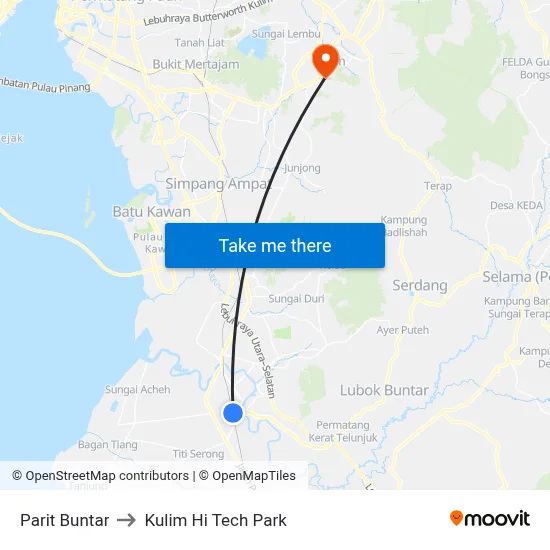 Parit Buntar to Kulim Hi Tech Park map