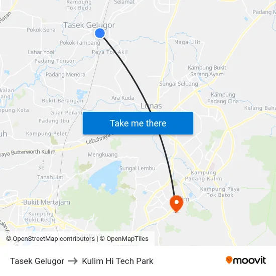 Tasek Gelugor to Kulim Hi Tech Park map
