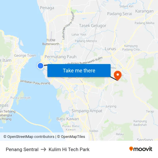 Penang Sentral to Kulim Hi Tech Park map