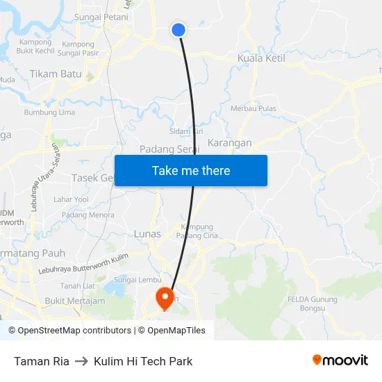 Taman Ria to Kulim Hi Tech Park map