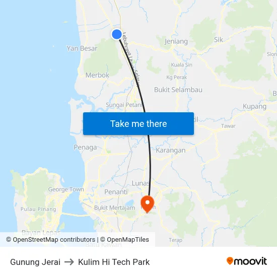Gunung Jerai to Kulim Hi Tech Park map