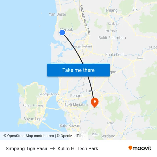 Simpang Tiga Pasir to Kulim Hi Tech Park map