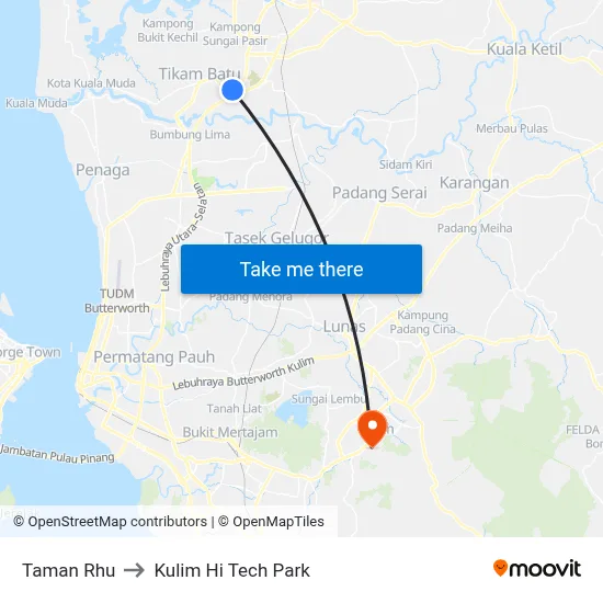 Taman Rhu to Kulim Hi Tech Park map