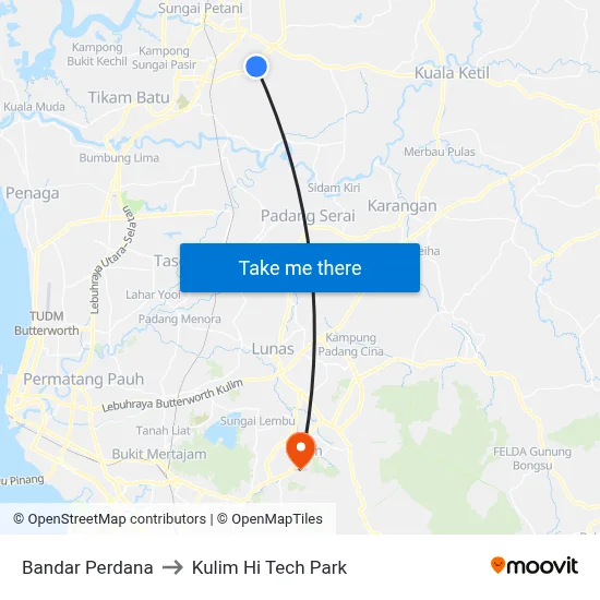 Bandar Perdana to Kulim Hi Tech Park map