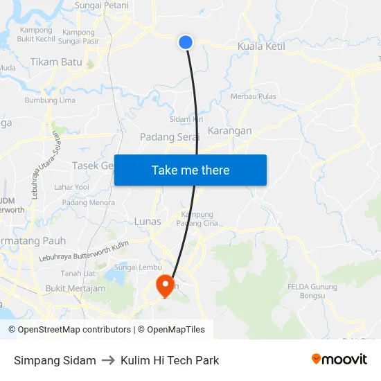 Simpang Sidam to Kulim Hi Tech Park map