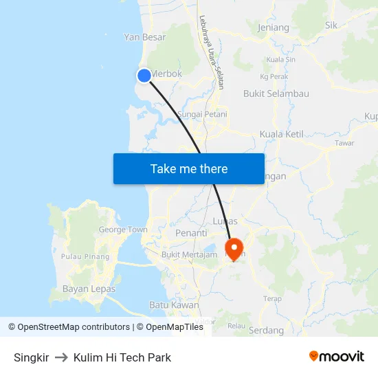 Singkir to Kulim Hi Tech Park map