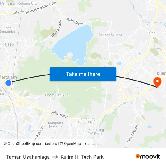 Taman Usahaniaga to Kulim Hi Tech Park map