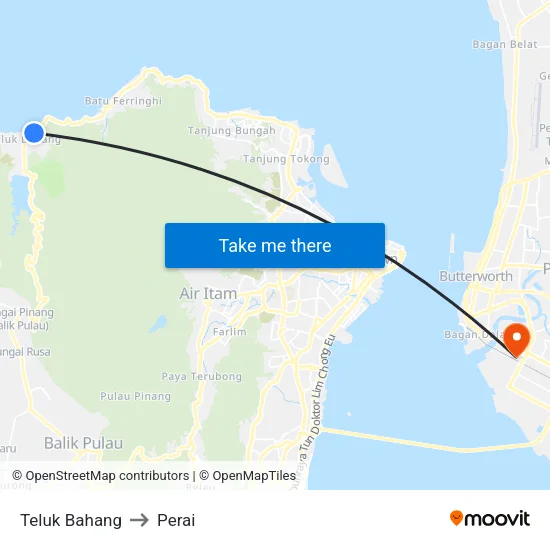 Teluk Bahang to Perai map